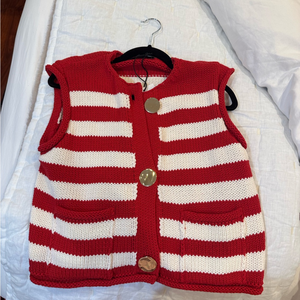 Zara Red and White Striped Cardigan Vest